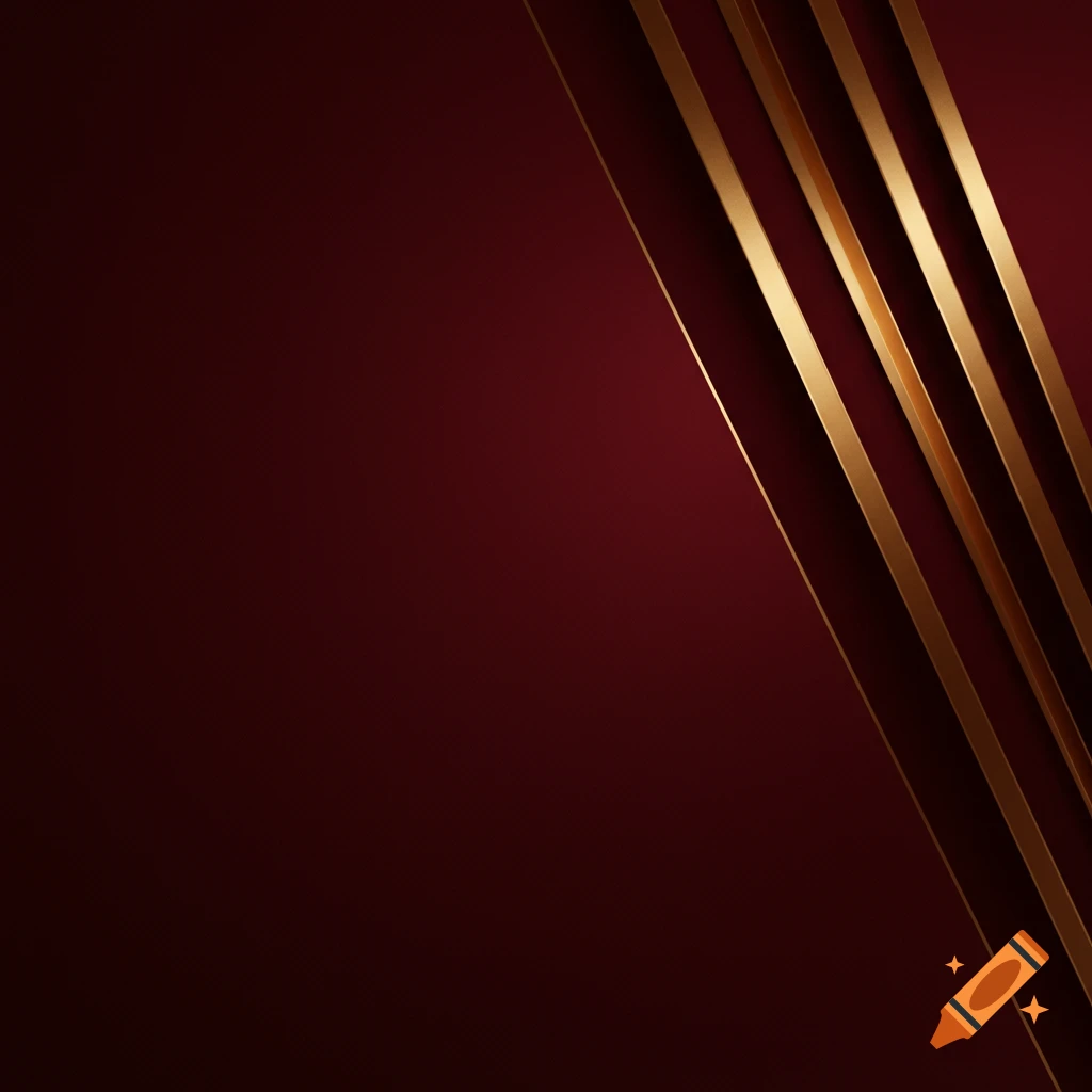 A crimson red background with four diagonal golden lines in the upper right corner.
