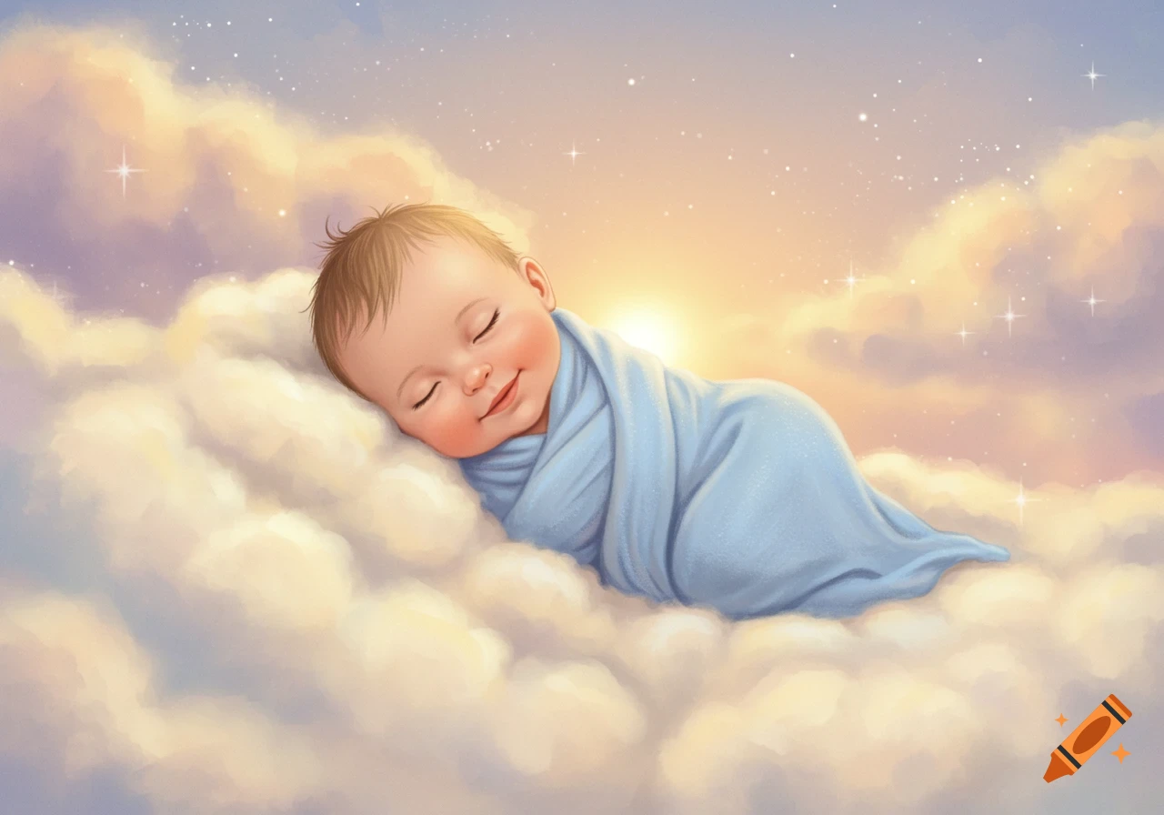 Smiling baby wrapped in blue blanket sleeping peacefully on fluffy clouds under a starry, sunset sky, illustration.