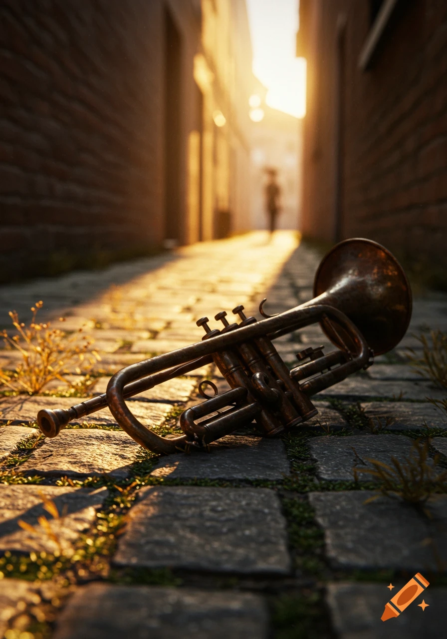 A rusty trumpet lies on cobblestones in a narrow, sunlit alley, with a blurry figure in the distance.