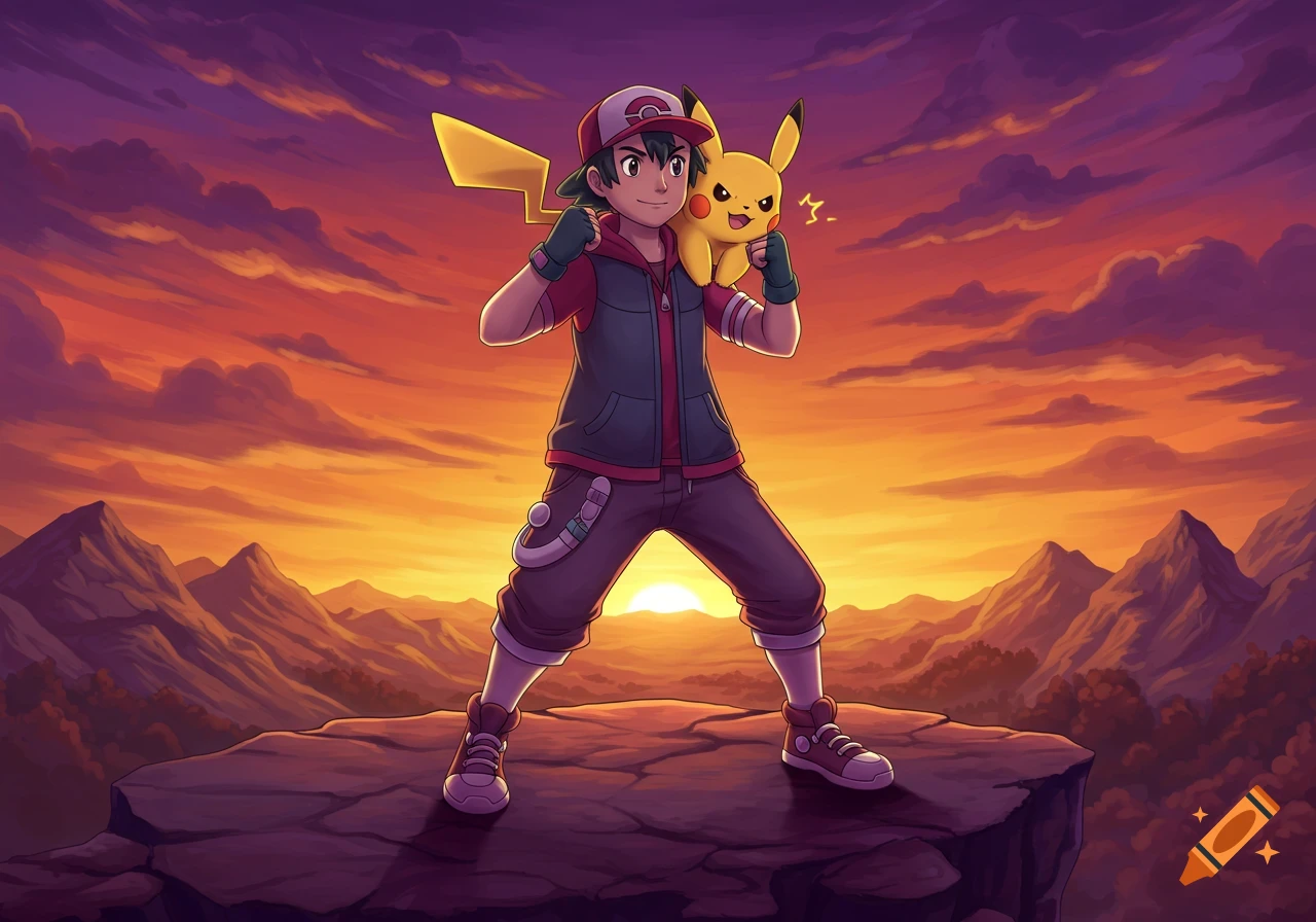 Anime illustration of Ash Ketchum and Pikachu standing heroically on a cliff overlooking a vibrant sunset mountain landscape.