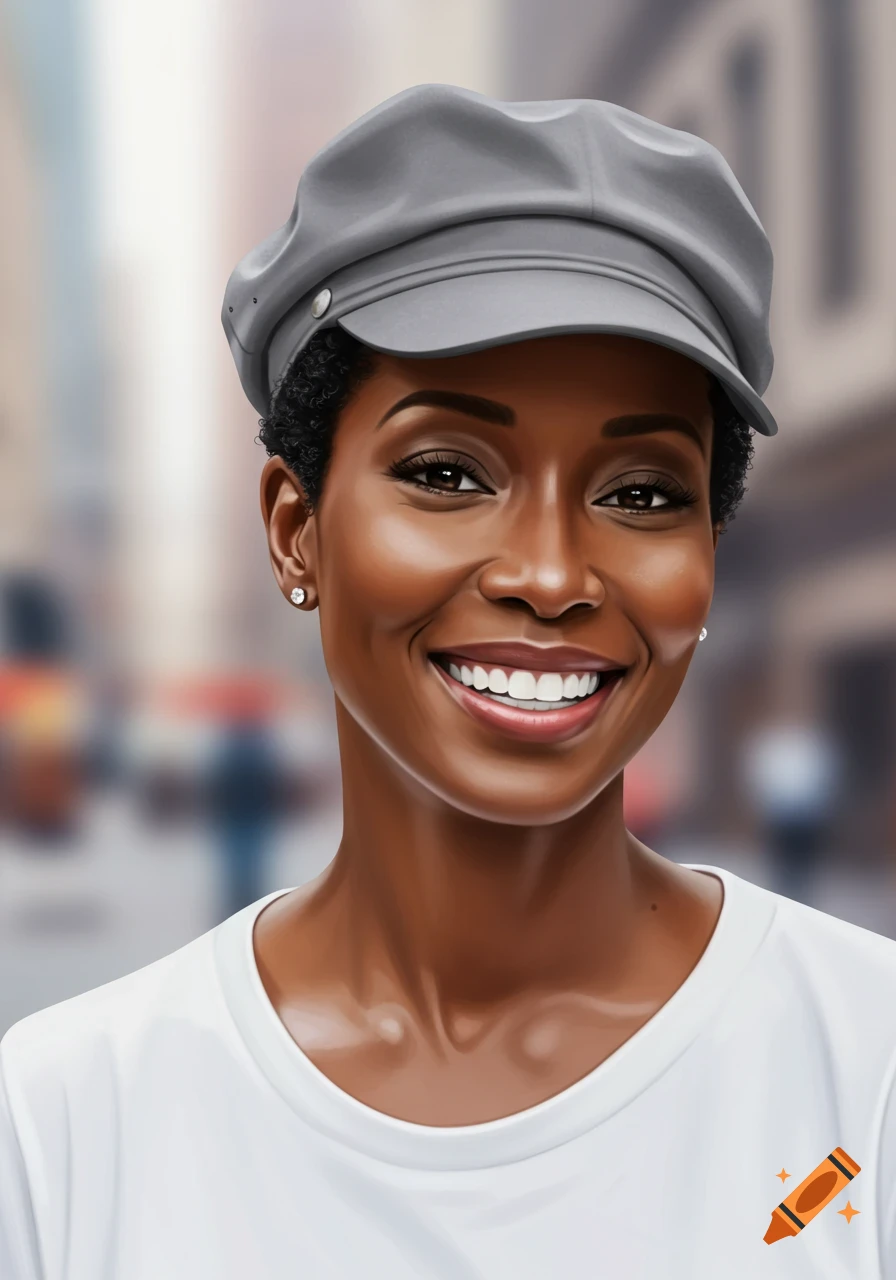 A smiling Black woman with short curly hair wears a grey cap, white t-shirt, and diamond stud earrings, against a blurred city background in a photorealistic style.