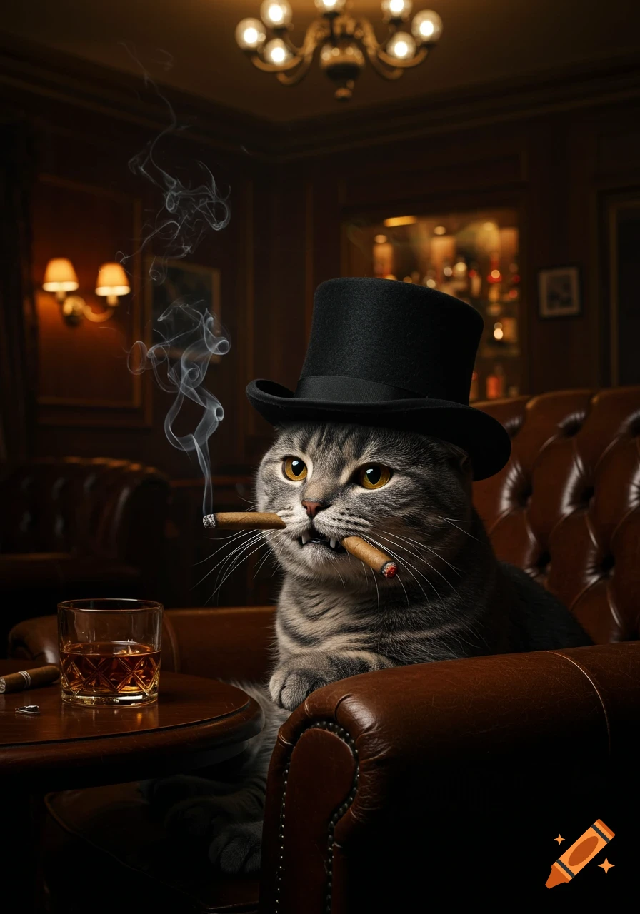 Photorealistic image of a distinguished grey tabby cat in a top hat smoking two cigars, sitting in a leather chair in a dimly lit bar.