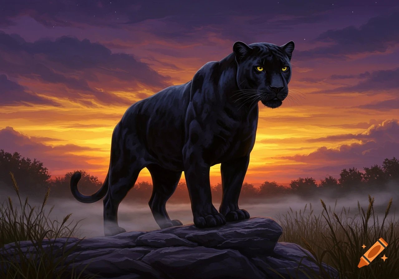 A black panther with glowing yellow eyes stands majestically on rocks against a vibrant purple and orange sunset sky.