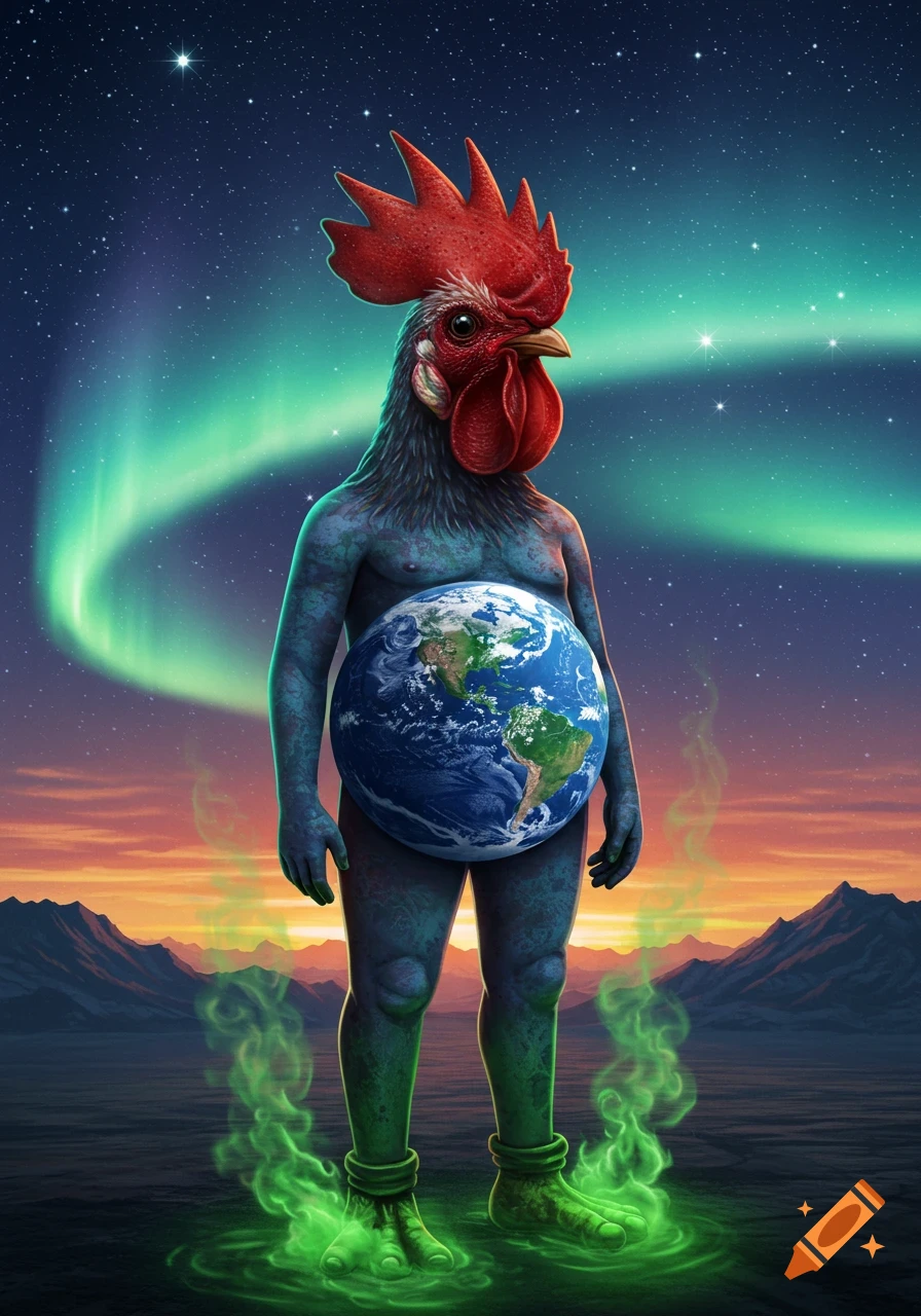 A surreal bipedal creature with a rooster head, an Earth belly, and green smoke around its feet, standing under a starry sky with aurora borealis.