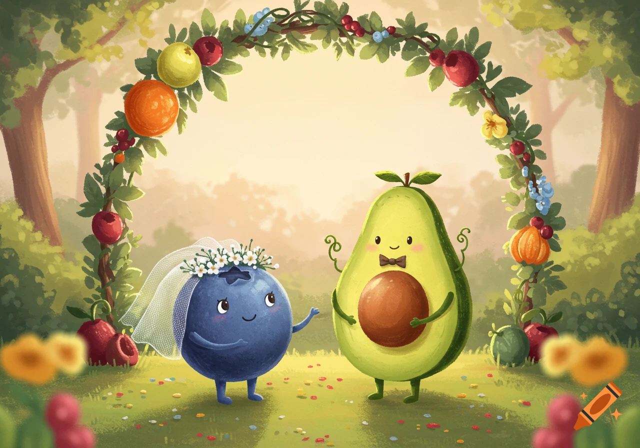 Whimsical cartoon illustration of a blueberry bride and an avocado groom marrying under a floral arch in a sunny forest.