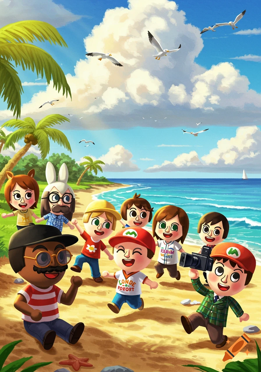 A group of cheerful cartoon Mii-like characters on a sandy beach with palm trees and the ocean. One character holds a camera.