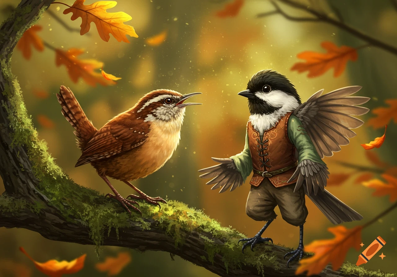 A Carolina Wren on a mossy branch screams at a chickadee in human clothing, surrounded by vibrant autumn leaves in an illustration.