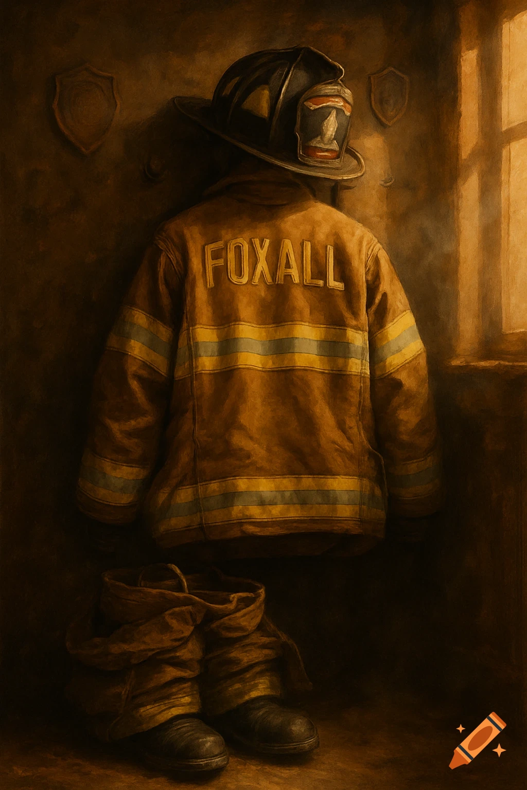 Firefighter bunker gear, including a jacket with 'FOXALL' on the back, helmet, and boots, hanging on a wall in a painterly style.
