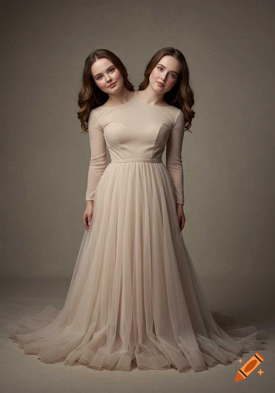 A conjoined twin woman with two heads on her shoulders, wearing an elegant, long-sleeved, pale tulle ball gown.