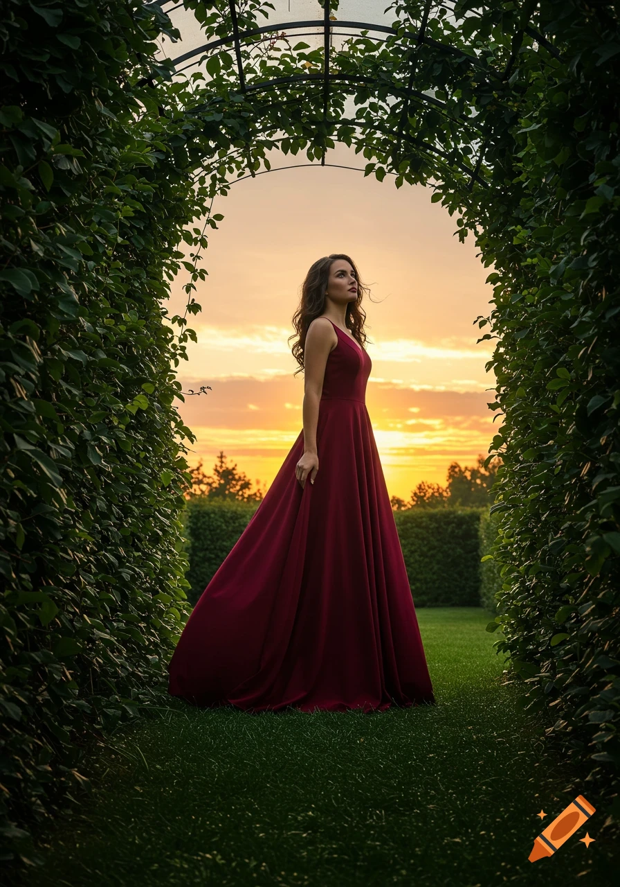 A woman in a flowing red dress stands under a green leafy archway in a garden, looking up at a vibrant sunset sky.