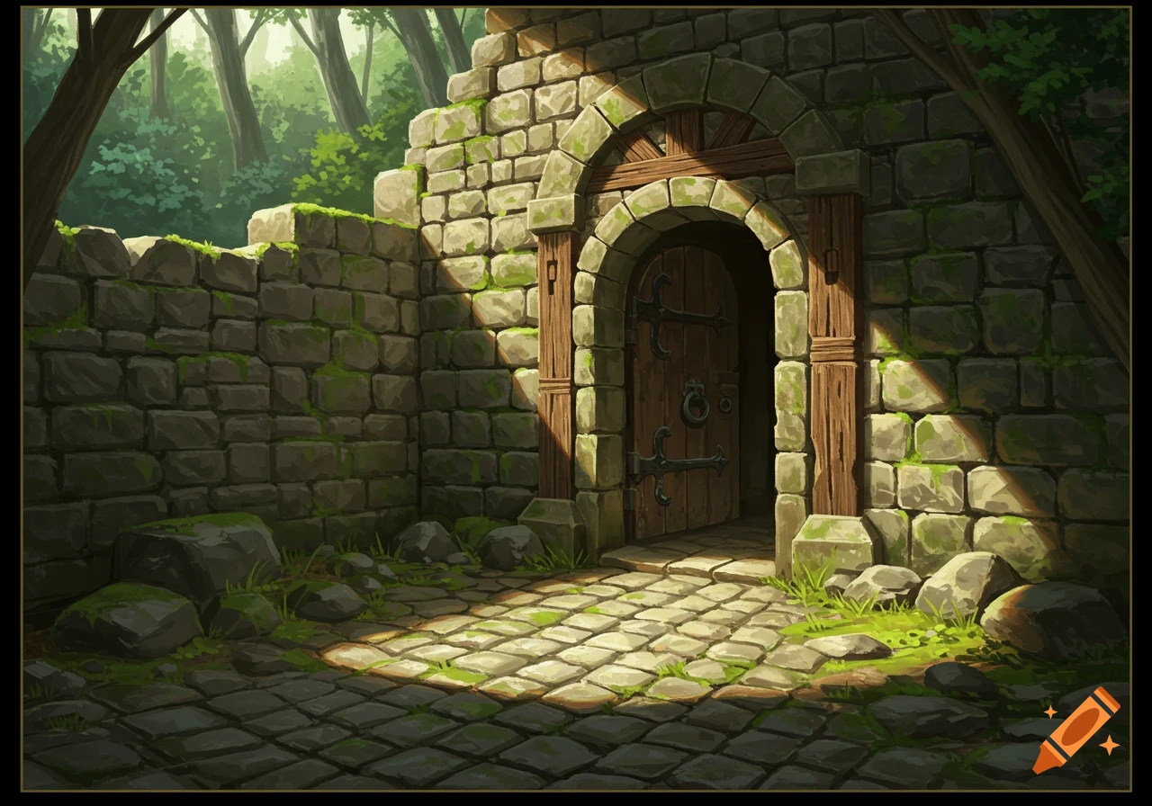 An old moss-covered stone wall with an arched wooden door in a sunlit forest clearing, in an illustrative style.