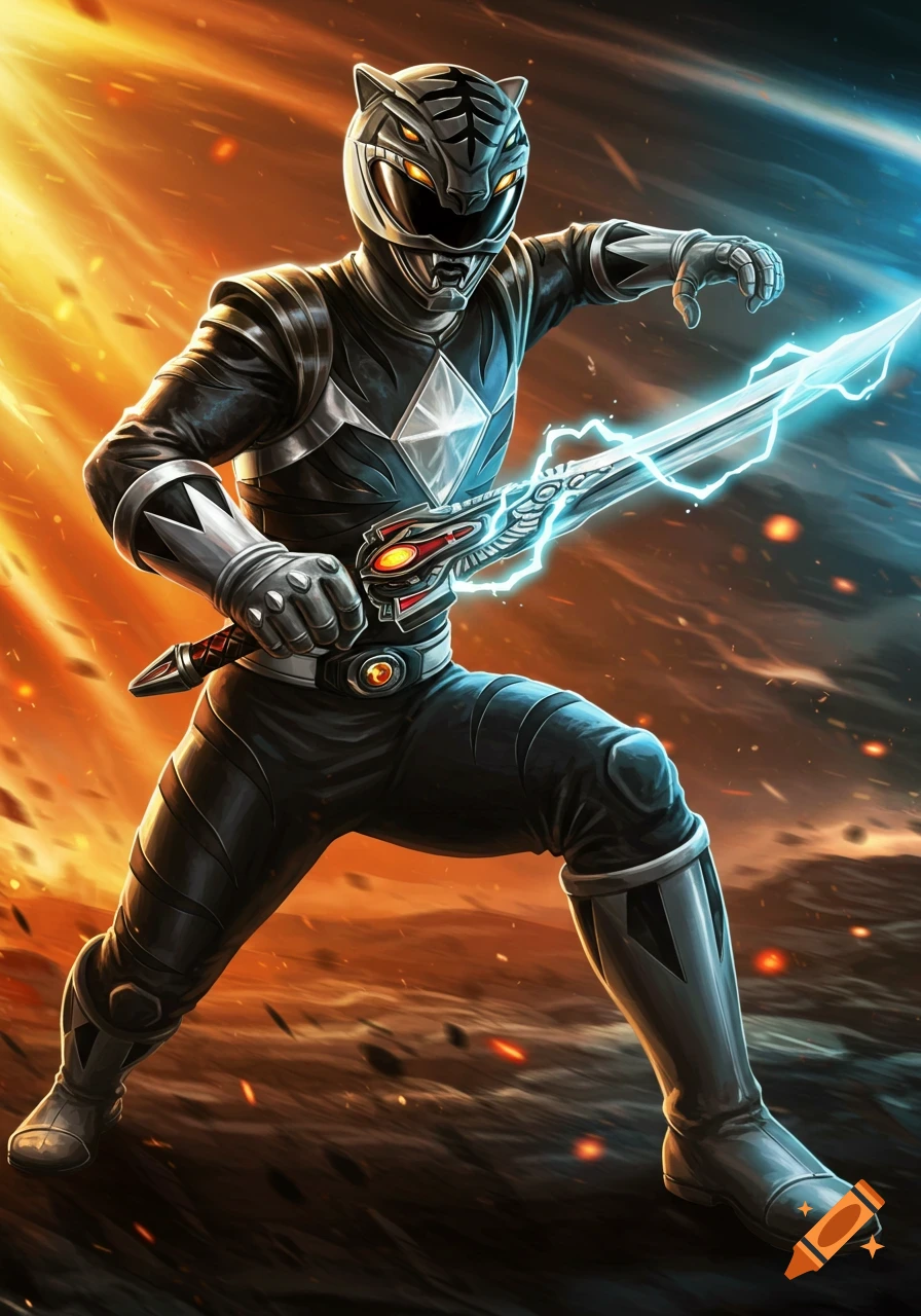 A Black Tiger Power Ranger in a dynamic action pose, wielding a glowing power sword against a fiery orange and blue background.