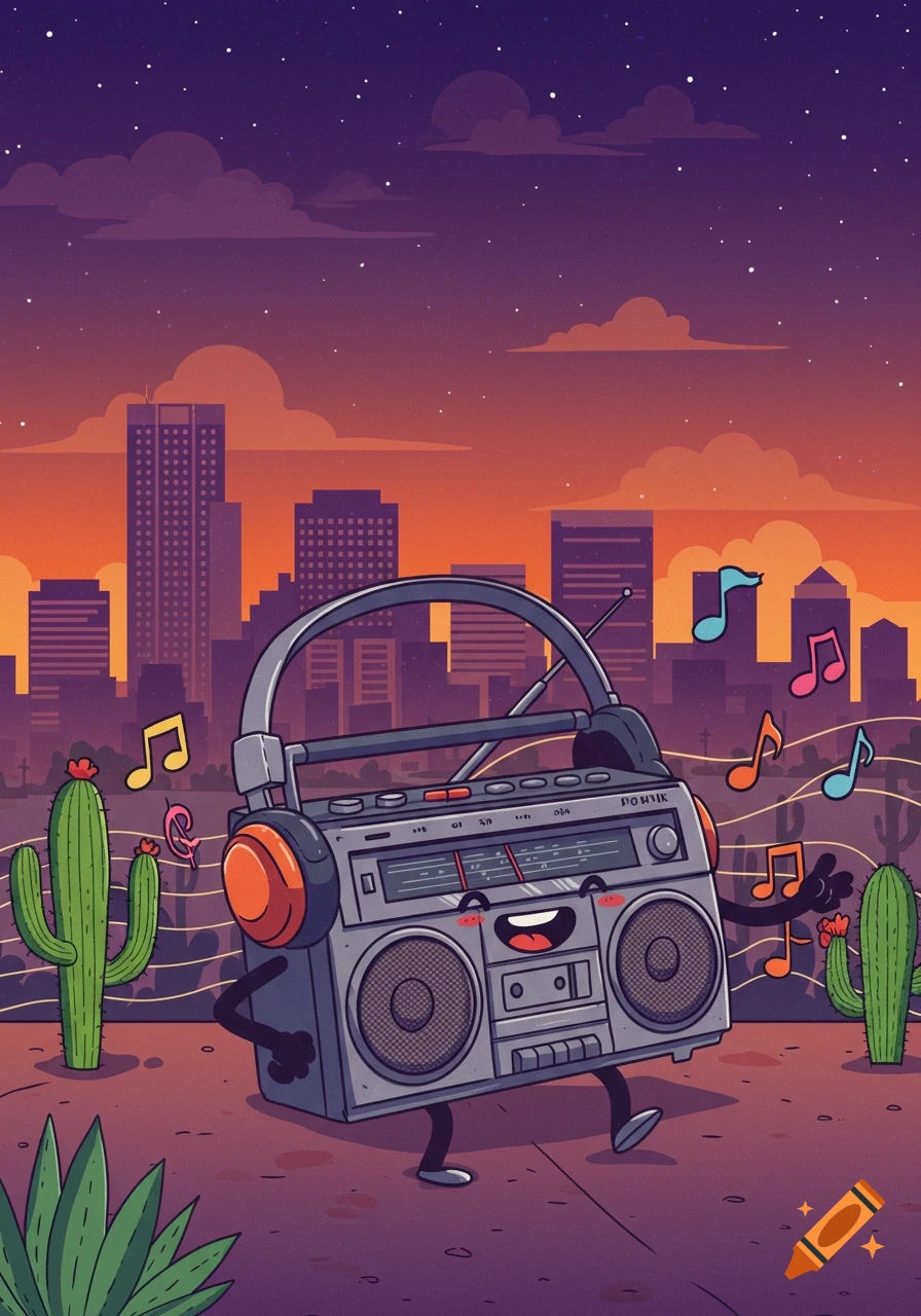 Cartoon boombox wearing headphones dances in a desert landscape with a city skyline at sunset, with musical notes floating around.
