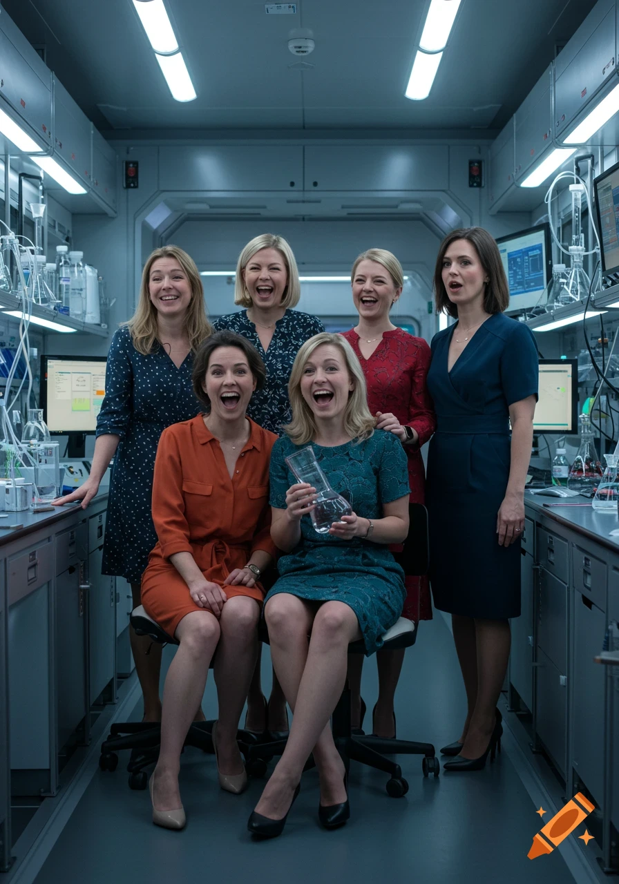 Six women scientists in a high-tech lab, some seated, some standing, laughing and reacting to something off-screen.