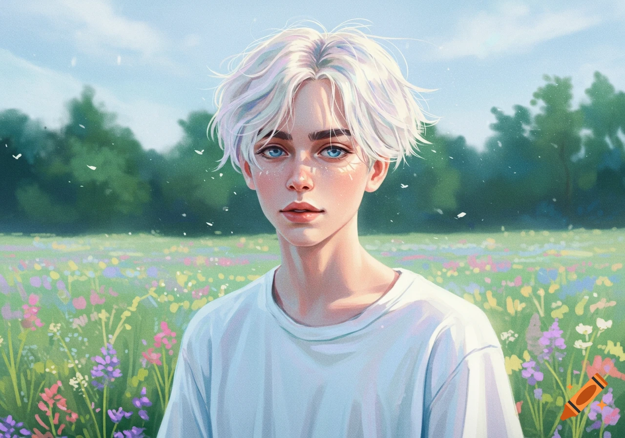 Digital art portrait of a teen boy with platinum blonde hair and blue eyes, standing in a field of colorful wildflowers.