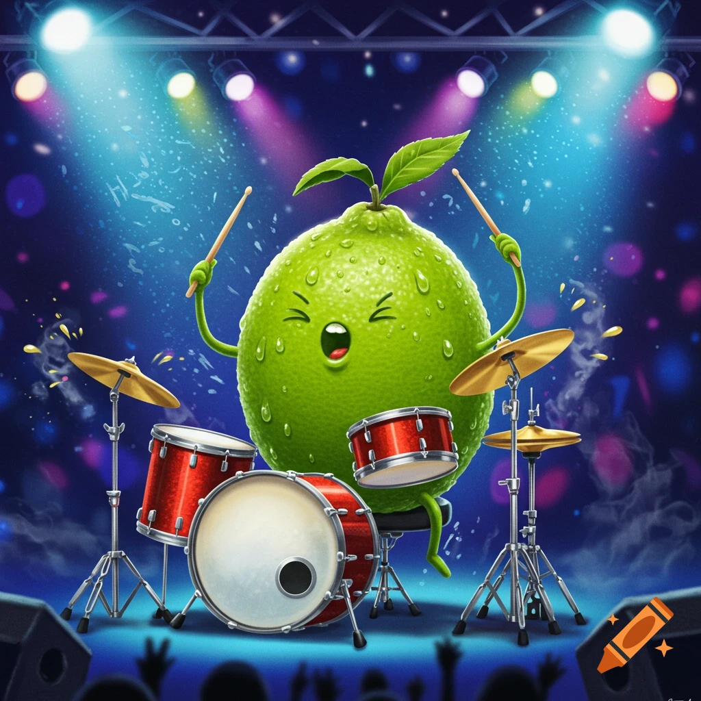 A cheerful cartoon lime with drumsticks plays a red drum set on a stage under colorful spotlights, with an audience in the foreground.