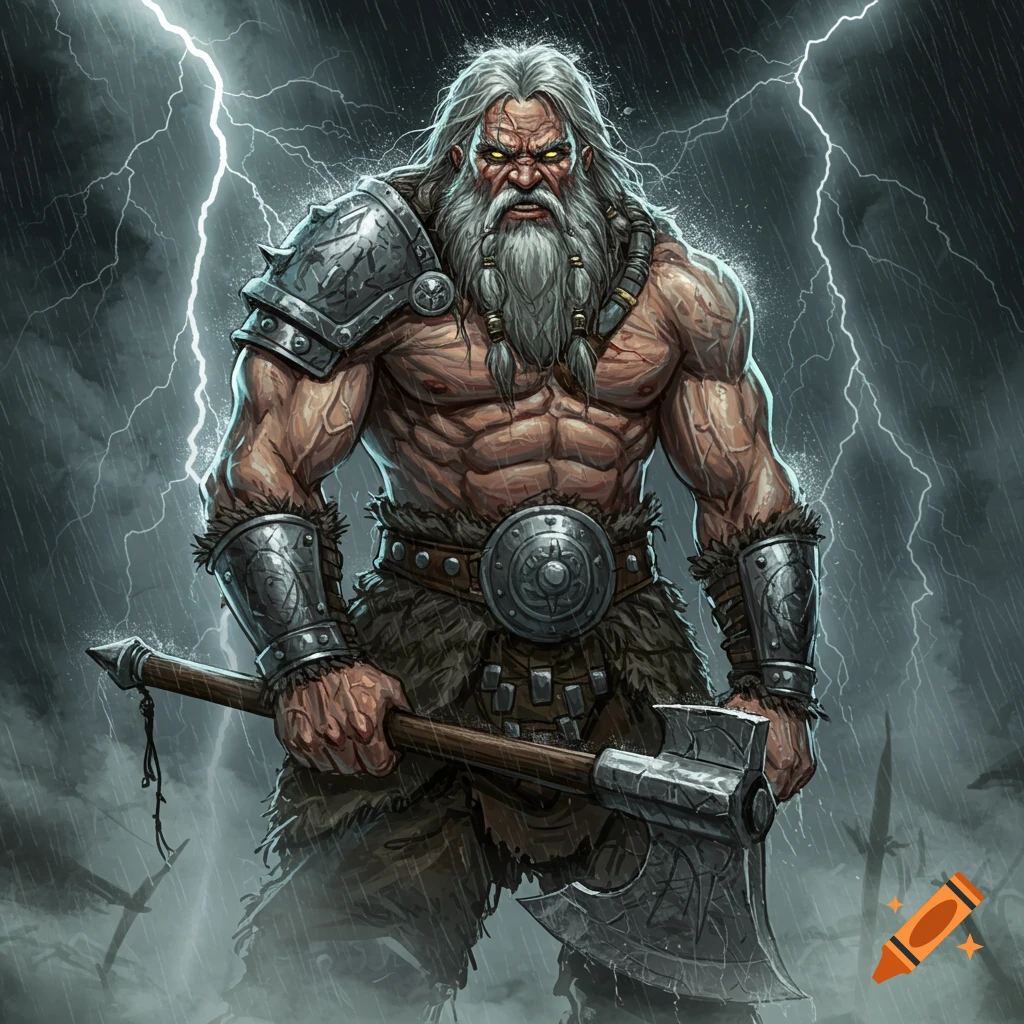 Muscular, long-haired, bearded man with glowing yellow eyes holds an axe during a rainy night with lightning, in a fantasy illustration style.
