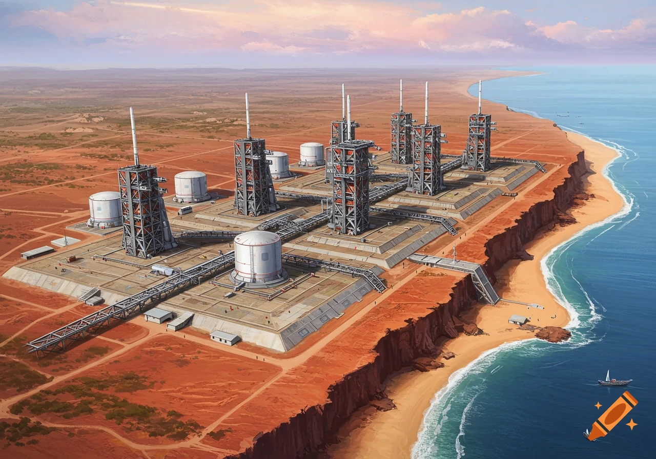 Aerial view of a multi-pad rocket launch facility with storage tanks and rail connections on a red desert coastline.