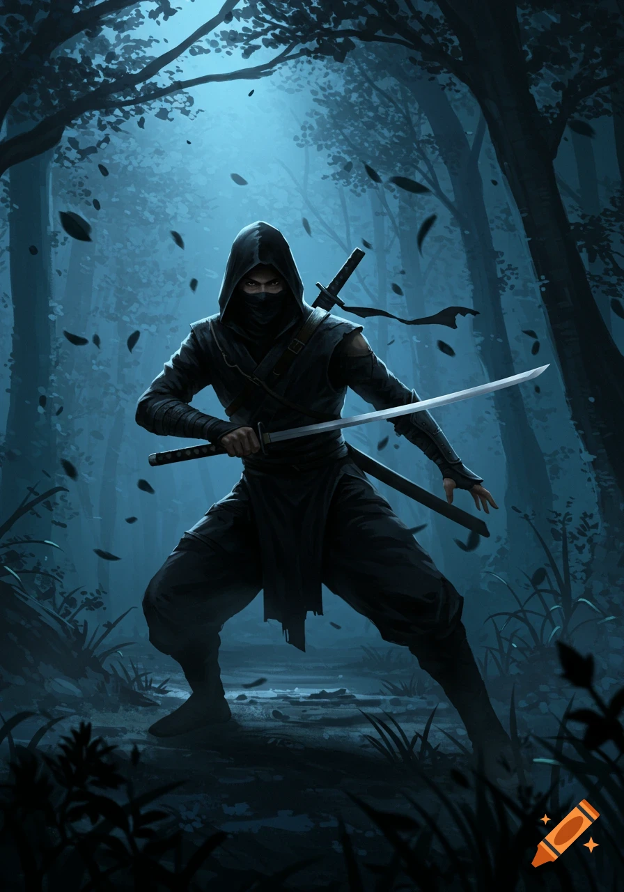 A hooded ninja in dark robes holds a gleaming katana in a moonlit forest with falling leaves.