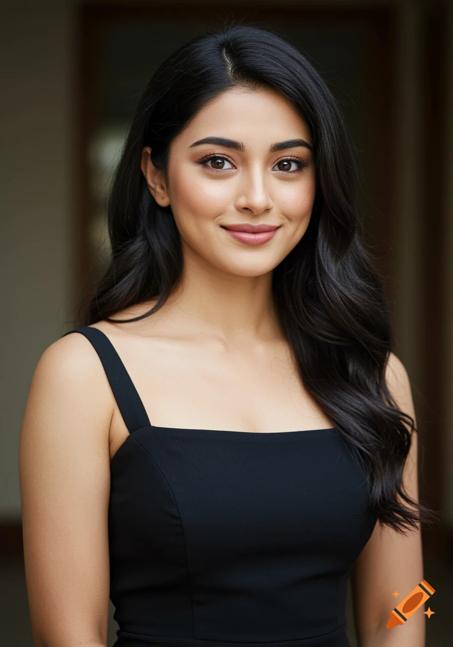 Photorealistic portrait of an Indian woman with long dark hair, wearing a black strap dress, smiling softly.