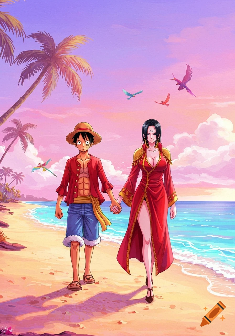 Anime illustration of Luffy and Hancock holding hands and walking on a beach at sunset, with palm trees and birds.