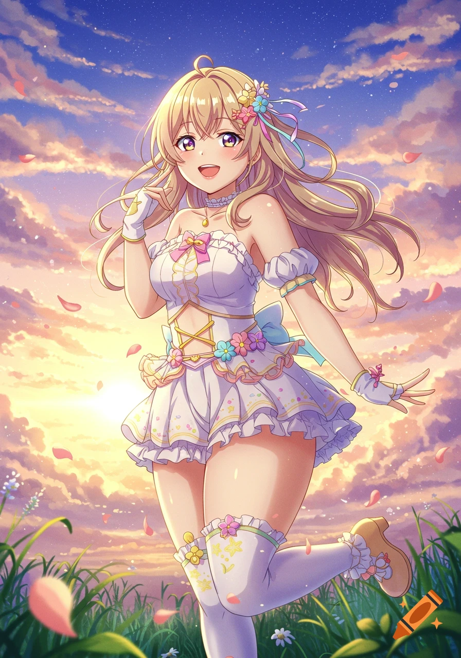 Smiling blonde anime girl in a white frilly dress with flowers, standing in a field with a sunset sky and falling petals.