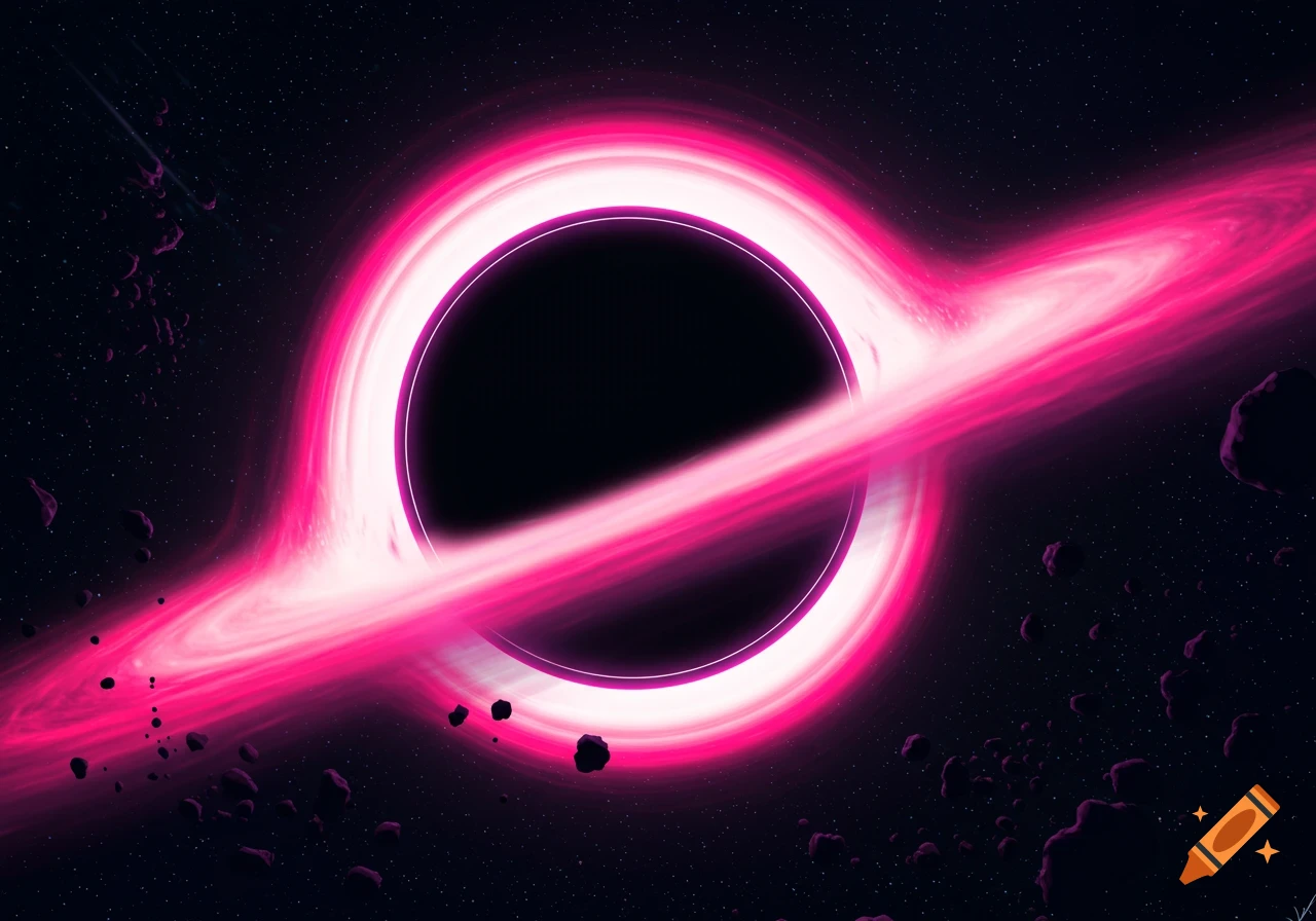 Vibrant illustration of a black hole with a bright pink glowing ring and accretion disk, surrounded by stars and asteroids.