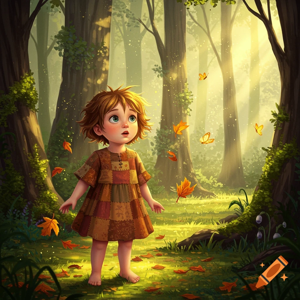 Whimsical illustration of a curious child in a patchwork dress looking up in a sun-dappled forest with autumn leaves.