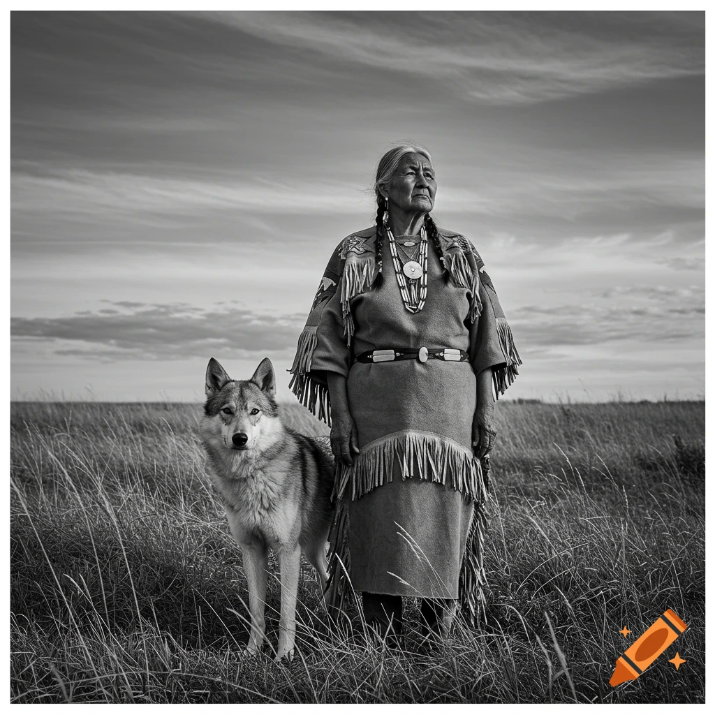 Black and white photograph of an old Native woman in traditional dress standing with a wolfdog in a grassy field under a cloudy sky.