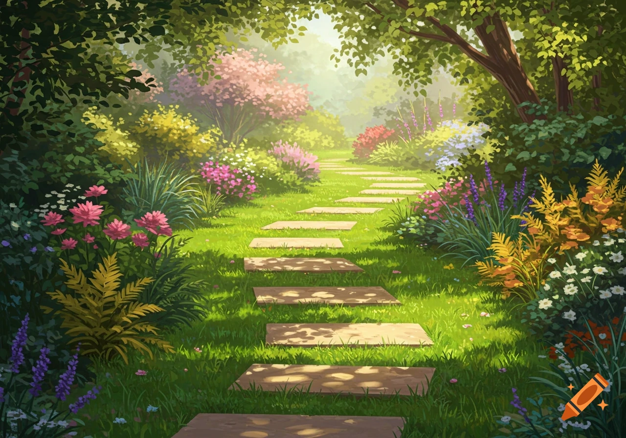 Serene garden path with stone slabs winding through a lush green lawn, vibrant flowers, and trees bathed in soft light.