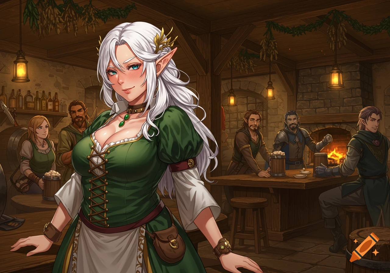 An anime-style illustration of a white-haired elf barmaid with large breasts standing in a cozy, dimly lit fantasy tavern, surrounded by other patrons.