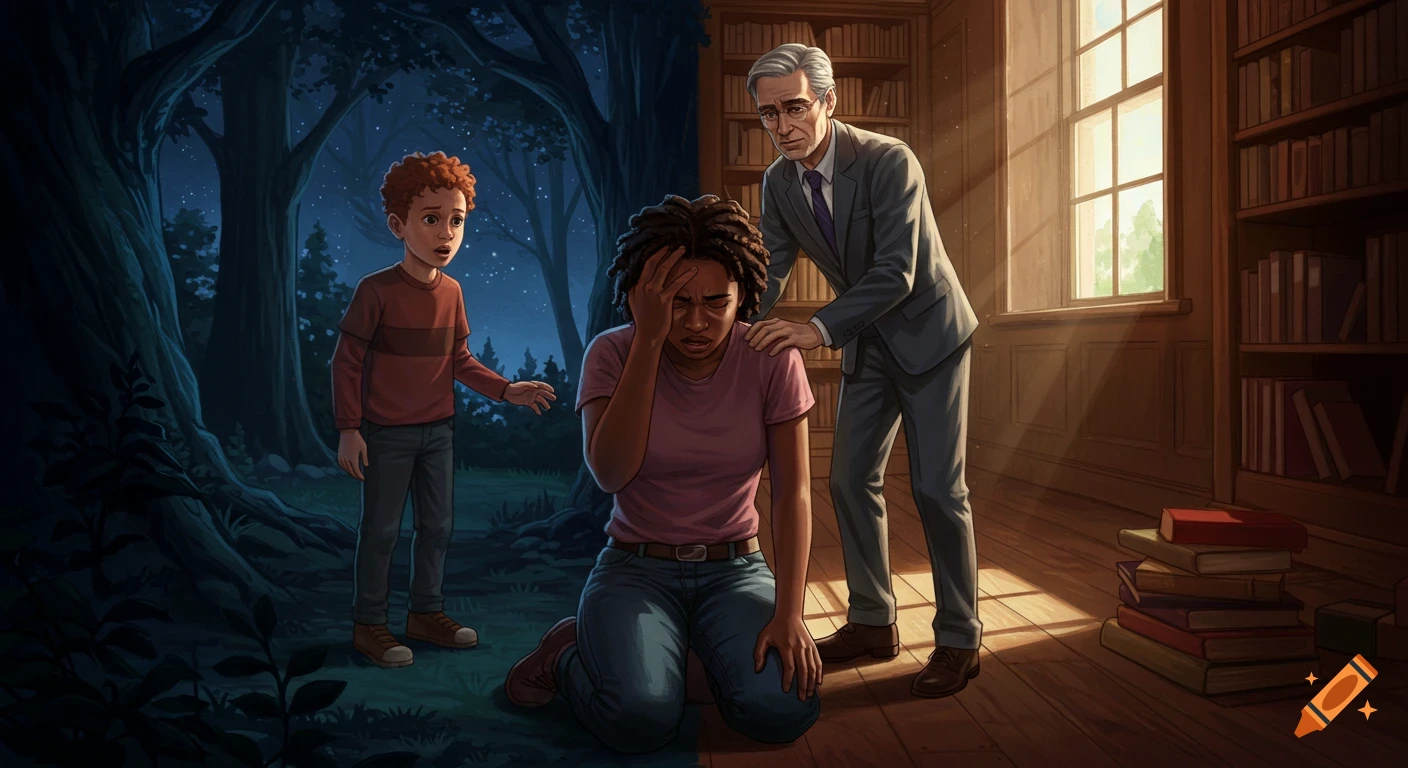 Digital illustration of a woman kneeling in pain, between a boy in a night forest and a man in a sunlit library.