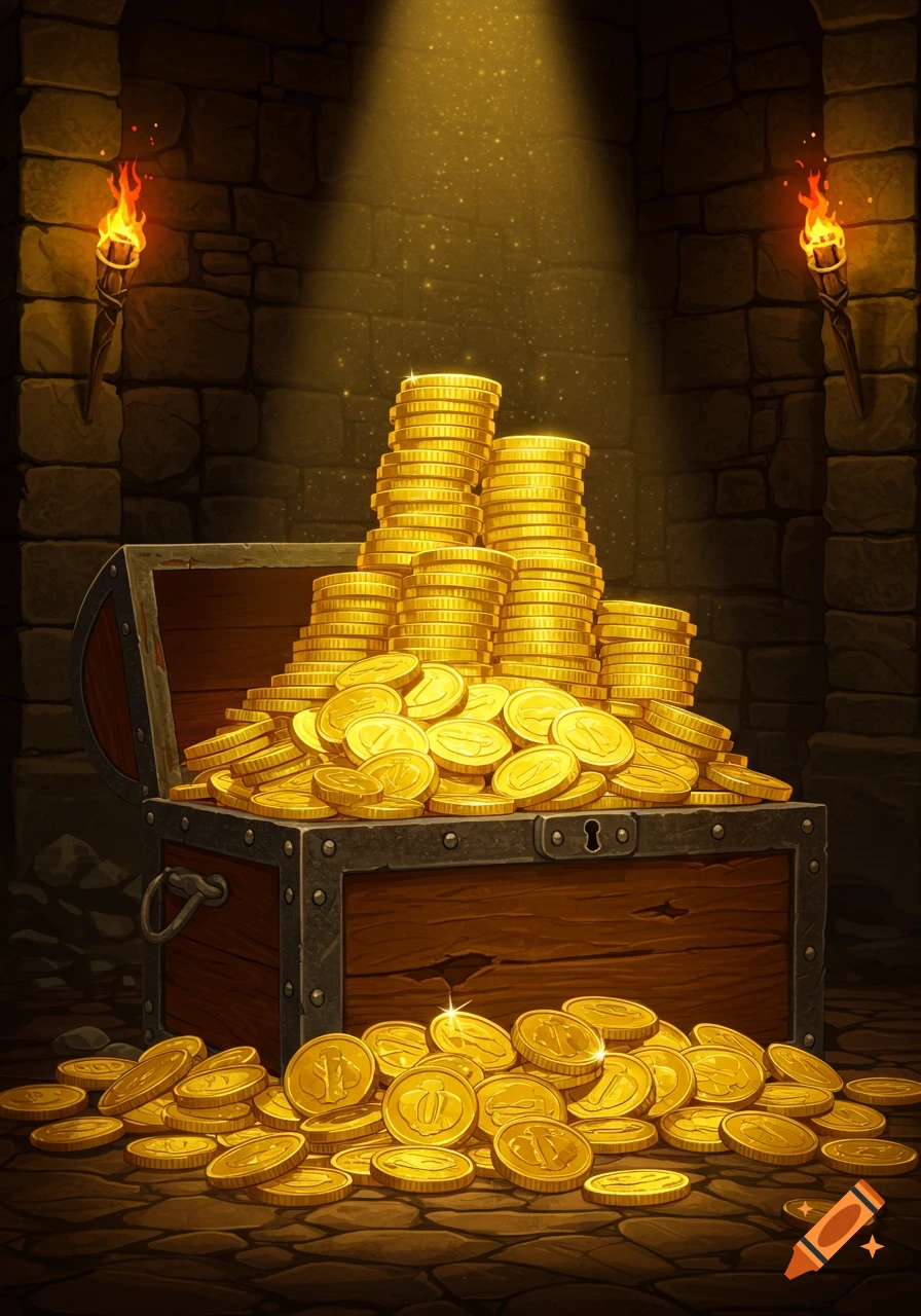 A wooden treasure chest overflows with stacks of gleaming gold coins in a dimly lit stone dungeon, illuminated by a beam of light and torches. Video game art style.