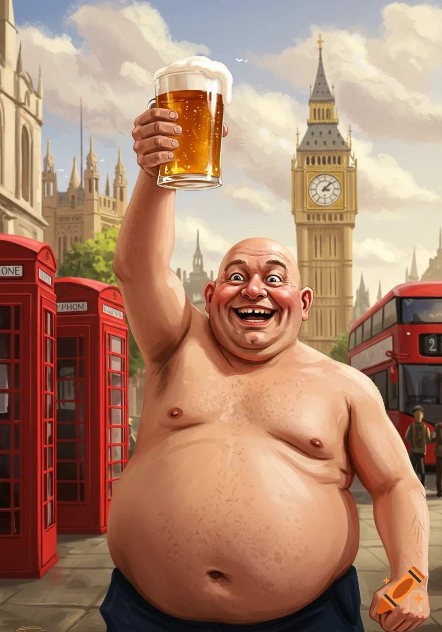 A shirtless, bald, fat man cheers with a beer mug in front of Big Ben and red phone booths in London. Illustrated.