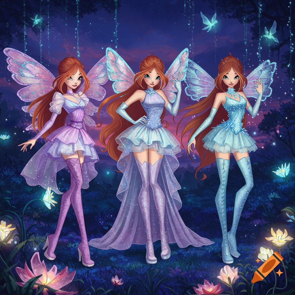 Three Winx-style fairies in sparkling dresses with wings stand in a magical forest at dusk, with glowing plants and fireflies.