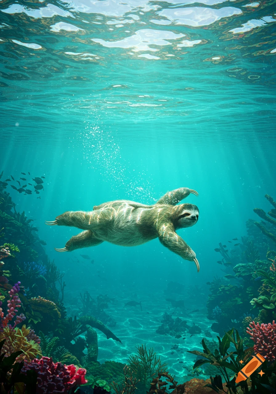 A three-toed sloth swims gracefully underwater amidst colorful coral and marine life, with sun rays piercing the surface.