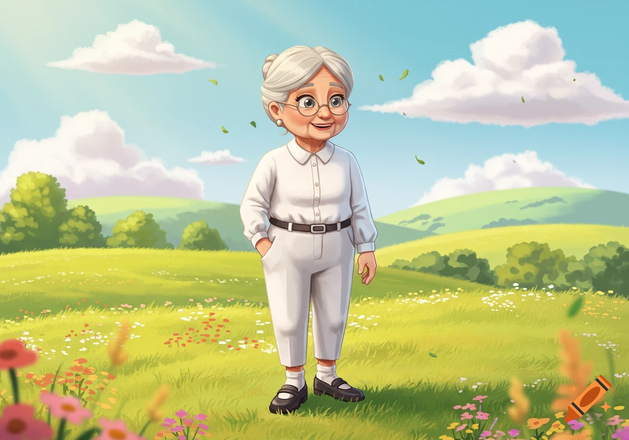 A cheerful cartoon elderly woman with white hair and glasses, wearing white clothes, stands in a vibrant green field with colorful flowers under a blue sky.