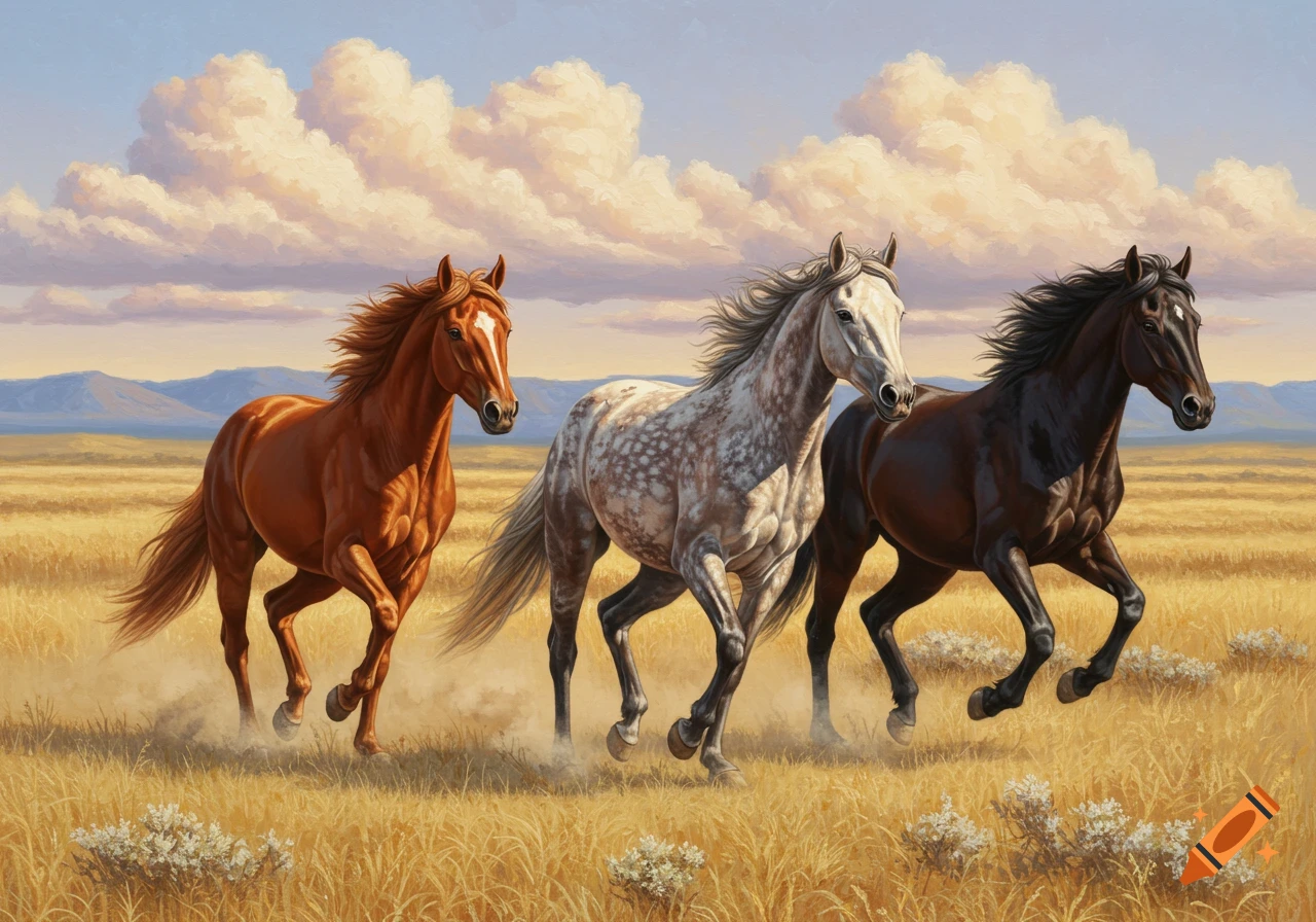 A painting of three wild horses, brown, dappled gray, and dark brown, running through a golden field under a cloudy sky.