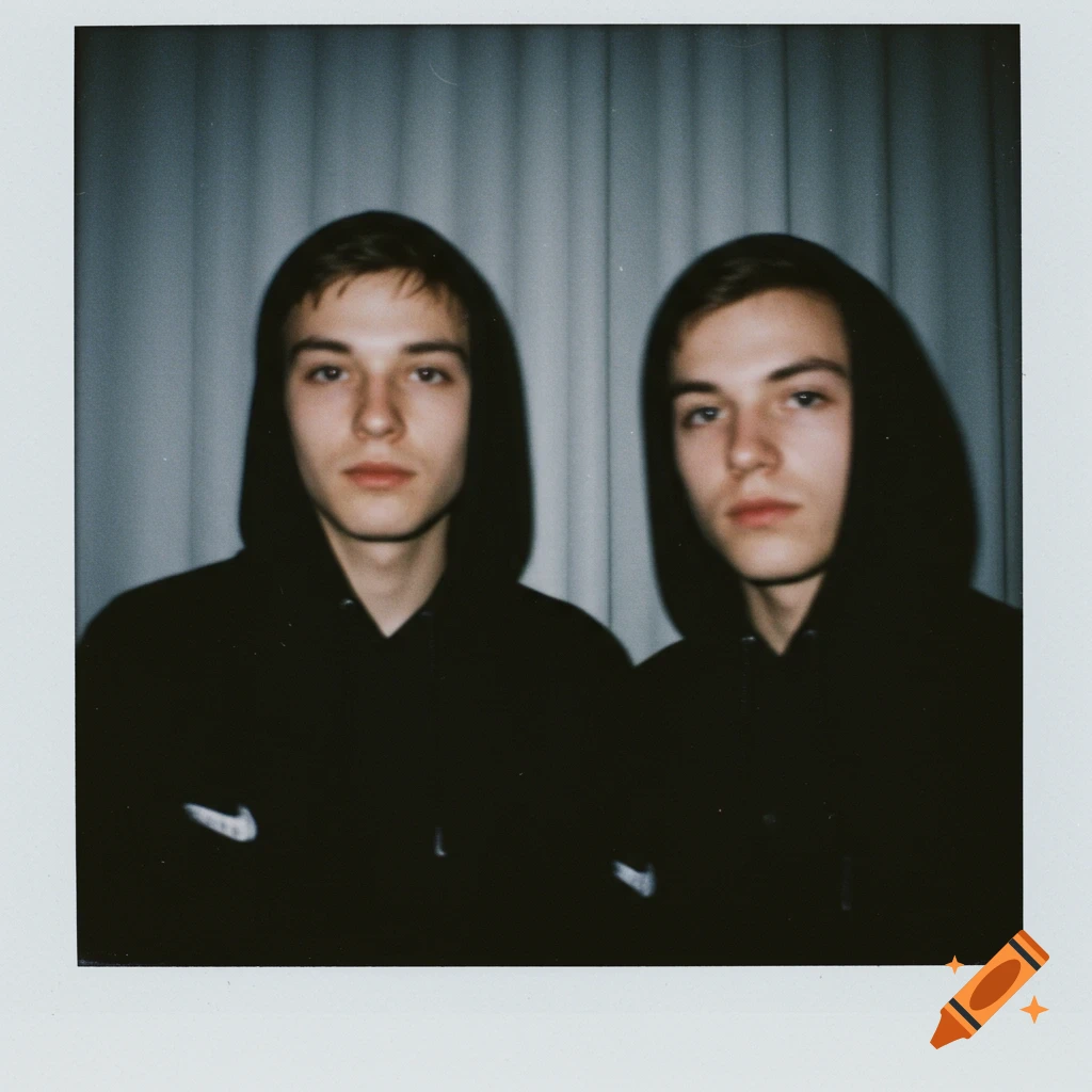 Two young men in black hoodies pose for a candid Polaroid photo against a curtain.