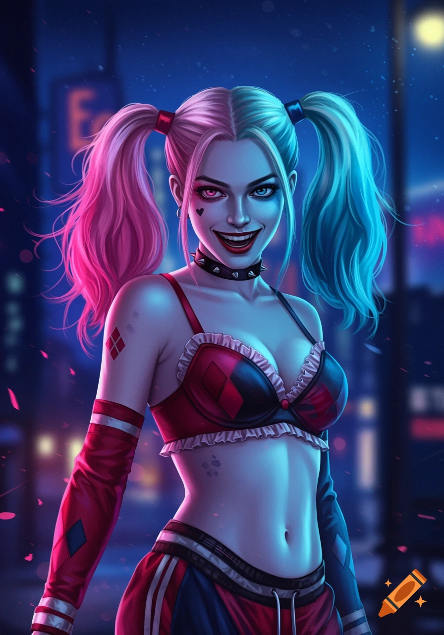 Stylized digital art of Harley Quinn in a red and black bra and sweatpants, with pink and blue pigtails and a mischievous smile, set against a neon city background.