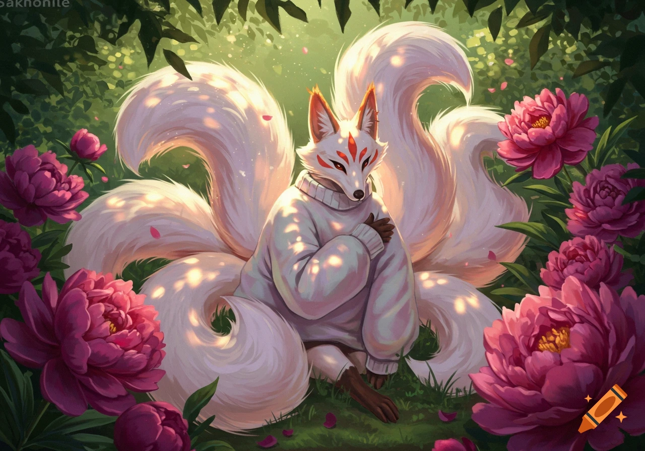 A white kitsune with multiple tails wearing a sweater sits among vibrant pink peonies in a sunlit forest, anime style.