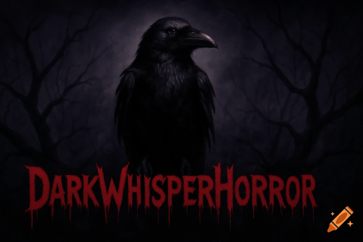 A dark, gothic illustration of a black raven against a misty background of bare trees, with 'DarkWhisperHorror' text in a red, blood-like font.