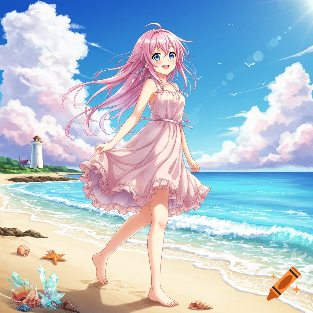 Anime girl with pink hair in a light dress walks on a sandy beach by the ocean, with a lighthouse in the background.