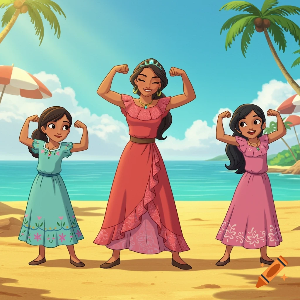 A cartoon mother and two daughters flex their muscles on a sunny beach with palm trees and a parasol in the background.