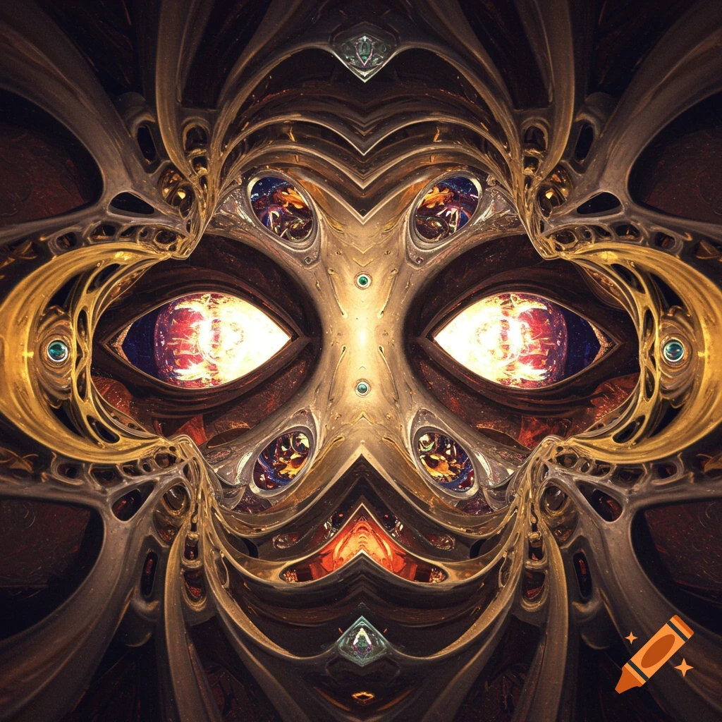 Symmetrical, ornate golden and silver metallic mask with glowing, fiery eyes and intricate bio-mechanical details.