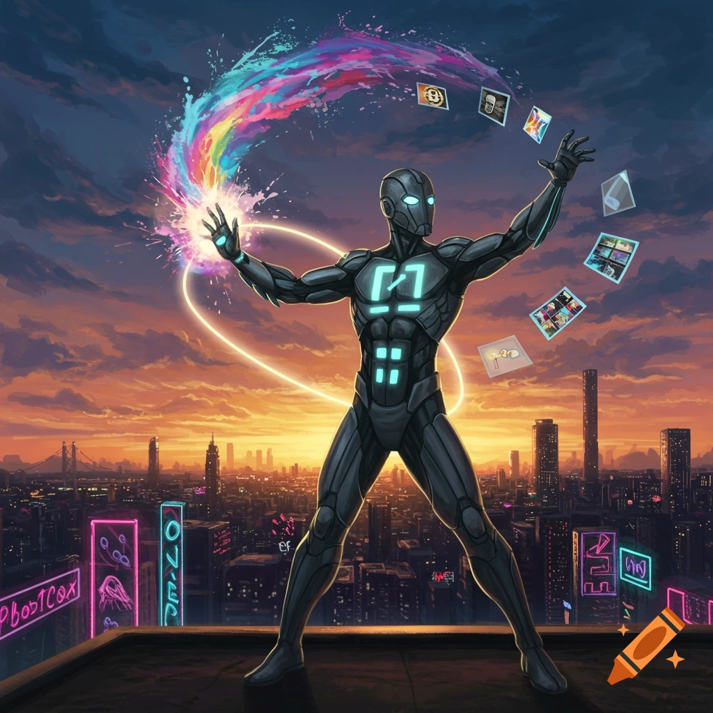 A superhero in a glowing black suit manipulates colorful energy and floating digital cards above a neon city skyline at sunset, digital art.