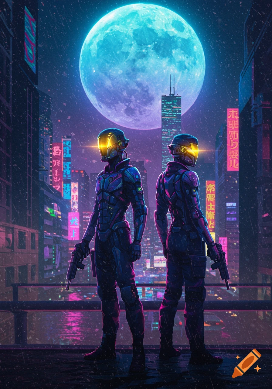 Two armored figures stand with guns in a rainy, neon-lit cyberpunk city at night under a giant blue moon.