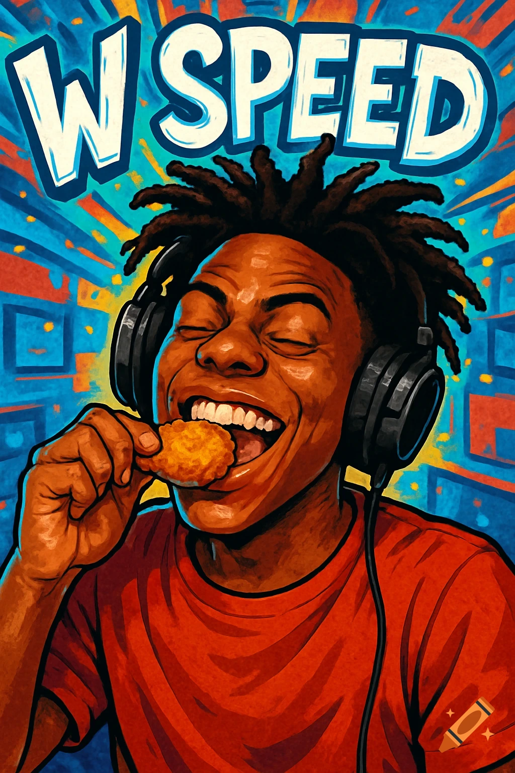 Stylized illustration of IShowSpeed wearing headphones, happily eating a fried chicken nugget, with 'W SPEED' text above him.
