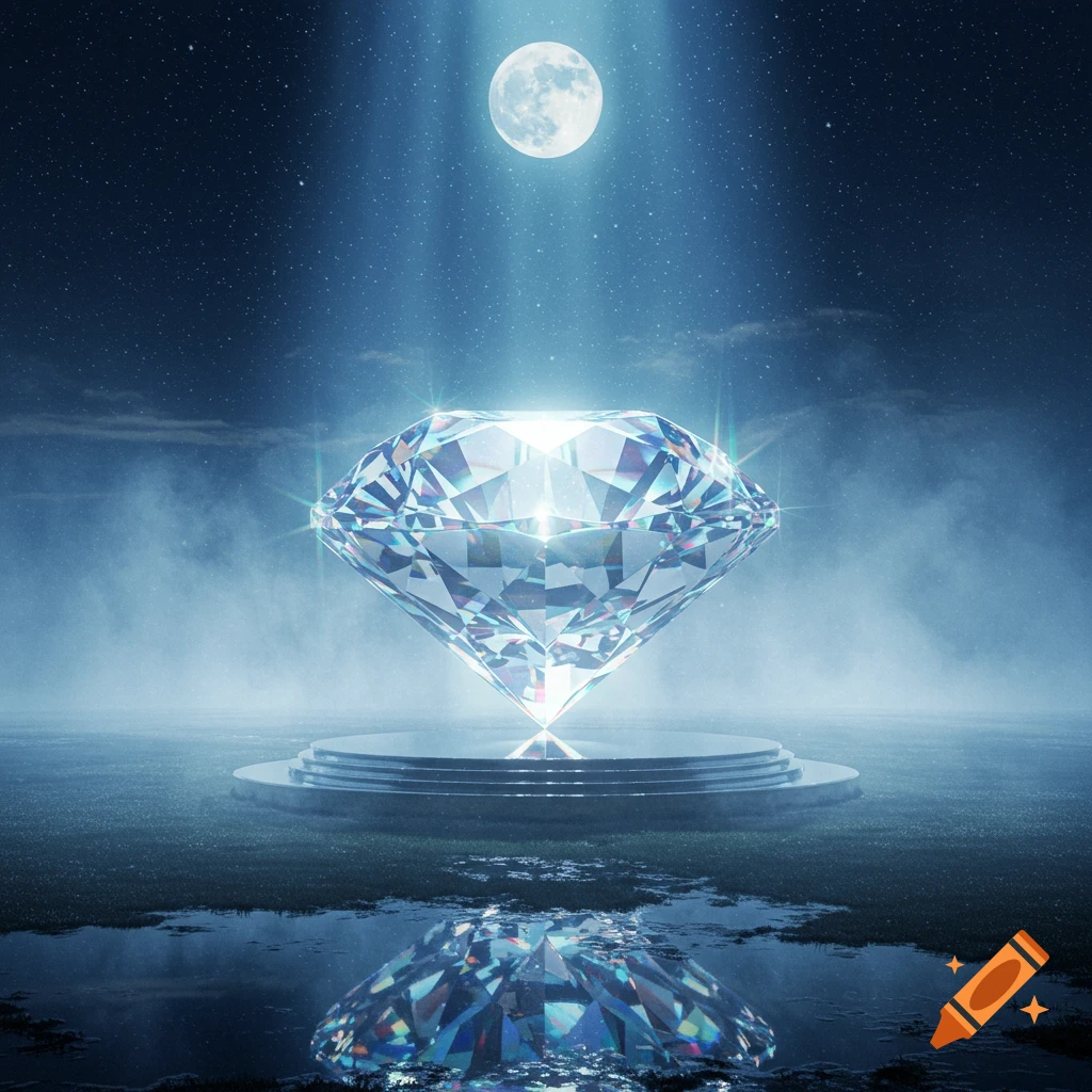 A large, sparkling diamond under a full moon in a starry night, reflected in water on grassy ground.