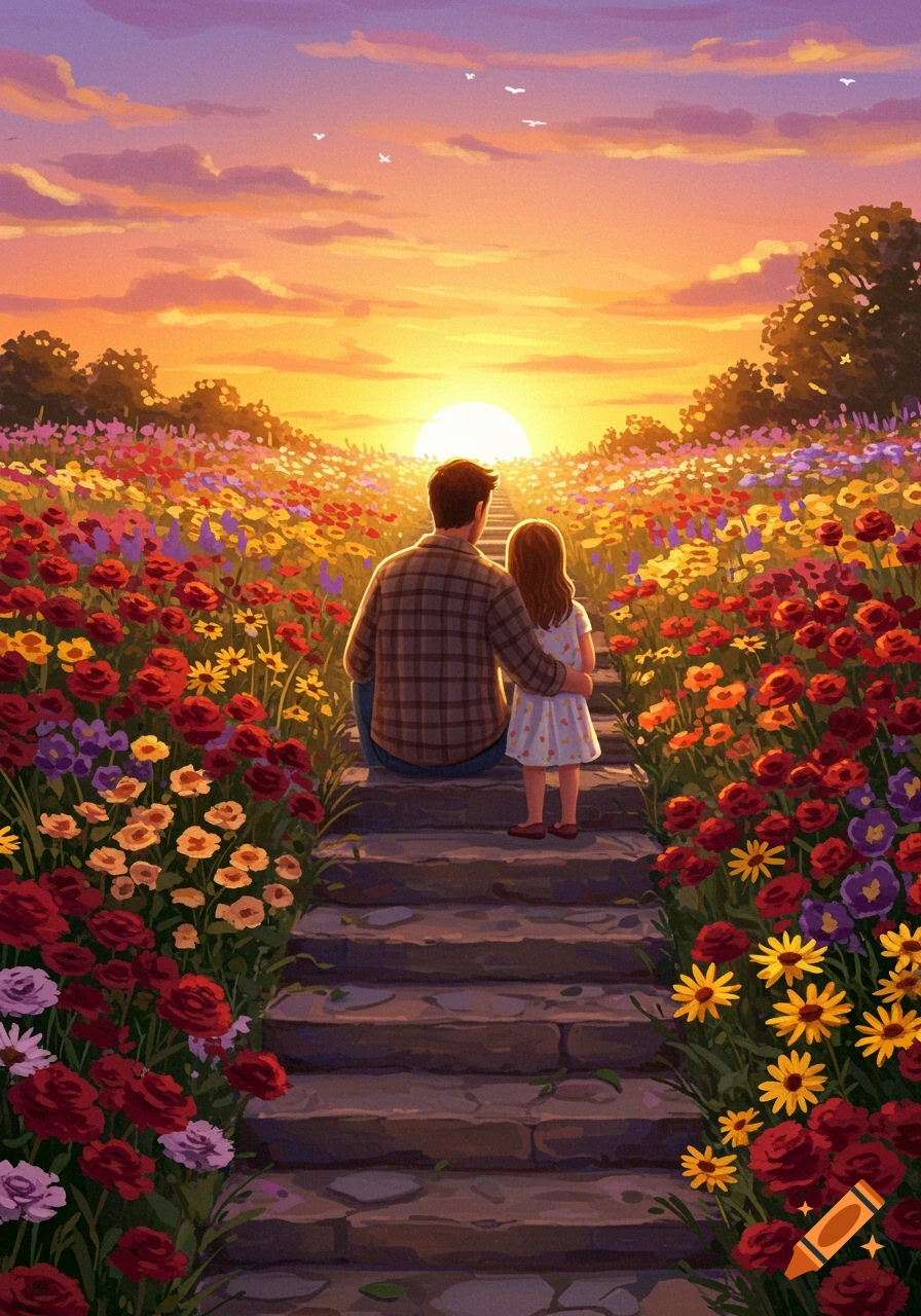 A father and daughter sit on stone steps in a vibrant flower field, watching a bright sunset over the horizon in an illustrative style.